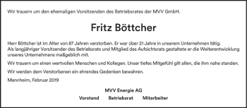 Traueranzeige von Fritz Böttcher von Mannheimer Morgen