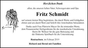 Traueranzeige von Fritz Schmidt von Fränkische Nachrichten