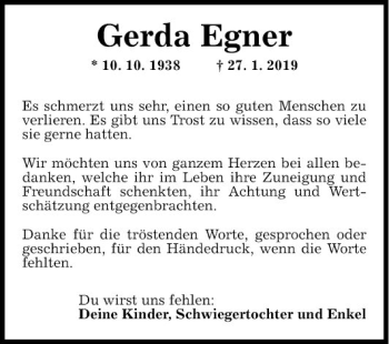 Traueranzeige von Gerda Egner von Fränkische Nachrichten