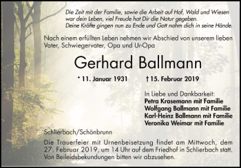 Traueranzeige von Gerhard Ballmann von Bergsträßer Anzeiger