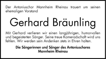 Traueranzeige von Gerhard Bräunling von Mannheimer Morgen