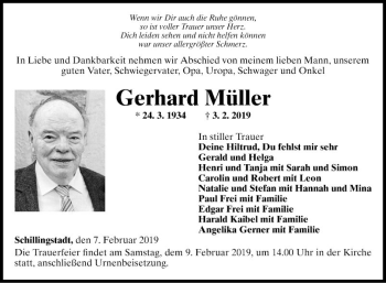 Traueranzeige von Gerhard Müller von Fränkische Nachrichten