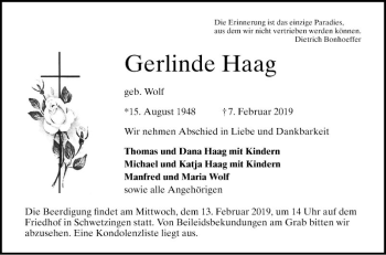 Traueranzeige von Gerlinde Haag von Schwetzinger Zeitung