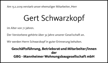 Traueranzeige von Gert Schwarzkopf von Mannheimer Morgen