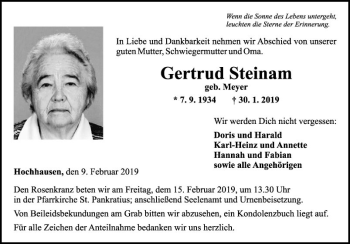 Traueranzeige von Gertrud Steinam von Fränkische Nachrichten