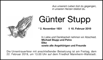 Traueranzeige von Günter Stupp von Mannheimer Morgen