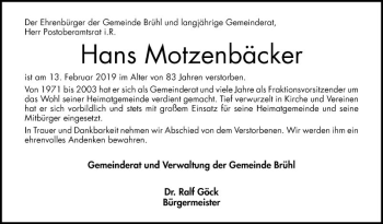 Traueranzeige von Hans Motzenbäcker von Schwetzinger Zeitung