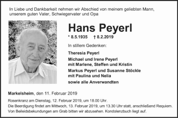 Traueranzeige von Hans Peyerl von Fränkische Nachrichten