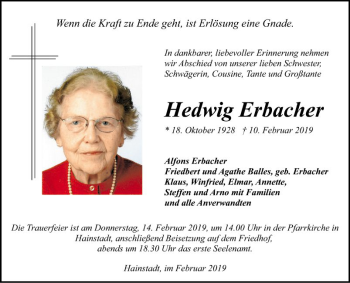 Traueranzeige von Hedwig Erbacher von Fränkische Nachrichten