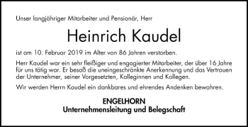 Traueranzeige von Heinrich Kaudel von Mannheimer Morgen