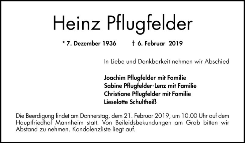 Traueranzeigen Von Heinz Pflugfelder | Trauerportal Ihrer Tageszeitung