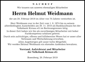 Traueranzeige von Helmut Weidmann von Fränkische Nachrichten