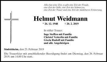 Traueranzeige von Helmut Weidmann von Fränkische Nachrichten