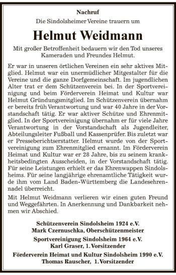 Traueranzeige von Helmut Weidmann von Fränkische Nachrichten