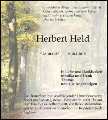 Traueranzeige von Herbert Held von Südhessen Morgen