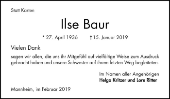 Traueranzeige von Ilse Baur von Mannheimer Morgen