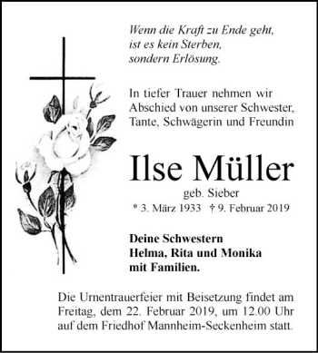 Traueranzeige von Ilse Müller von Mannheimer Morgen