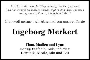 Traueranzeige von Ingeborg Merkert von Fränkische Nachrichten