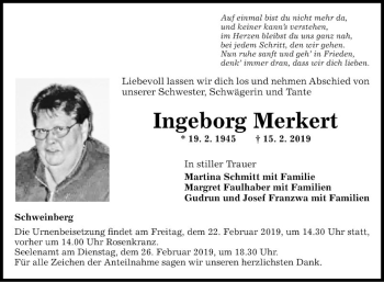 Traueranzeige von Ingeborg Merkert von Fränkische Nachrichten