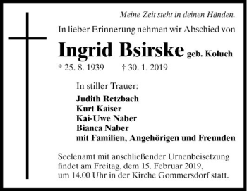 Traueranzeige von Ingrid Bsirske von Fränkische Nachrichten