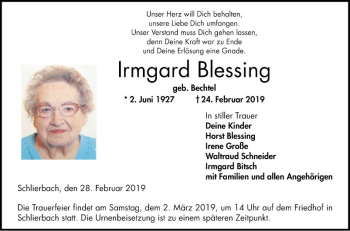 Traueranzeige von Irmgard Blessing von Bergsträßer Anzeiger