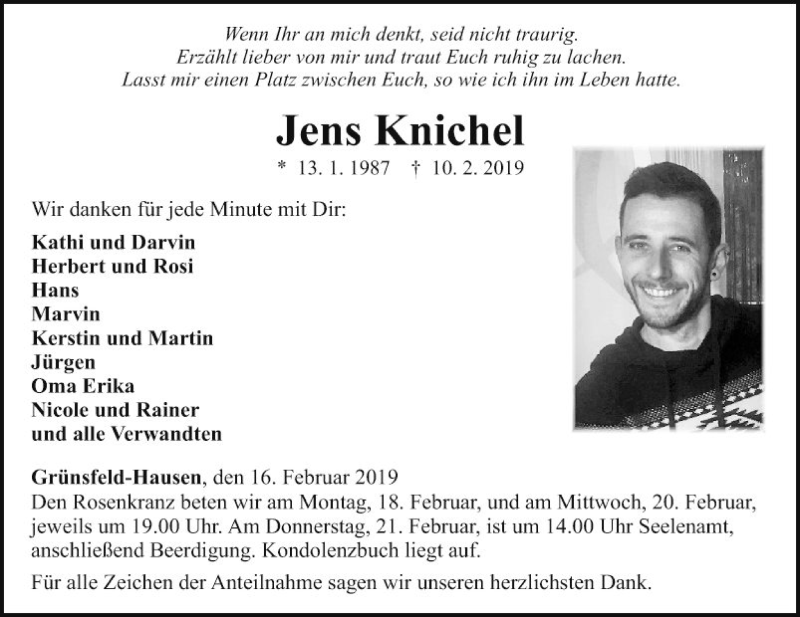  Traueranzeige für Jens Knichel vom 16.02.2019 aus Fränkische Nachrichten