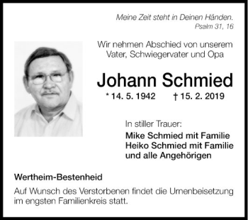 Traueranzeige von Johann Schmied von Fränkische Nachrichten