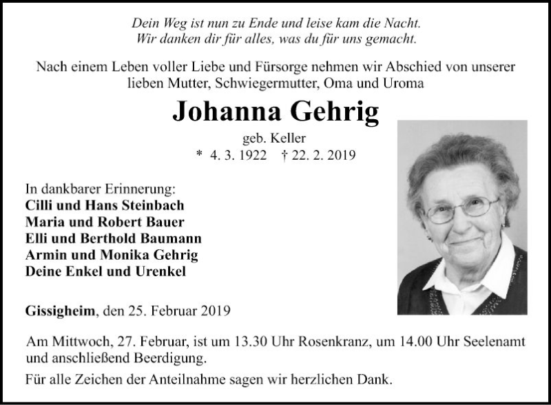 Traueranzeigen von Johanna Gehrig | Trauerportal Ihrer Tageszeitung