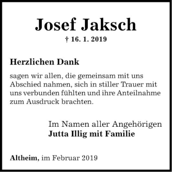 Traueranzeige von Josef Jaksch von Fränkische Nachrichten