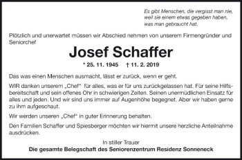 Traueranzeige von Josef Schaffer von Fränkische Nachrichten