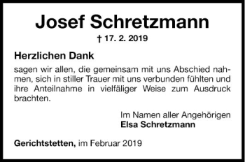 Traueranzeige von Josef Schretzmann von Fränkische Nachrichten