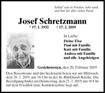 Traueranzeige von Josef Schretzmann von Fränkische Nachrichten