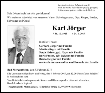 Traueranzeige von Karl Jörger von Fränkische Nachrichten