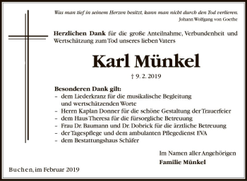 Traueranzeige von Karl Münkel von Fränkische Nachrichten