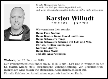 Traueranzeige von Karsten Willudt von Fränkische Nachrichten