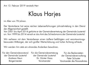 Traueranzeige von Klaus Harjes von Bergsträßer Anzeiger