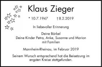 Traueranzeige von Klaus Zieger von Mannheimer Morgen