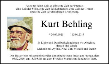 Traueranzeige von Kurt Behling von Mannheimer Morgen