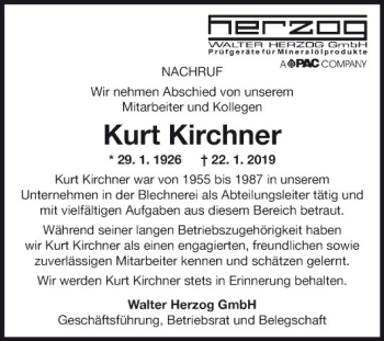 Traueranzeige von Kurt Kirchner von Fränkische Nachrichten