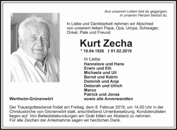 Traueranzeige von Kurt Zecha von Fränkische Nachrichten