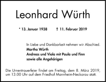 Traueranzeige von Leonhard Würth von Mannheimer Morgen