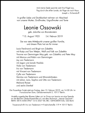 Traueranzeige von Leonie  Ossowski von Mannheimer Morgen