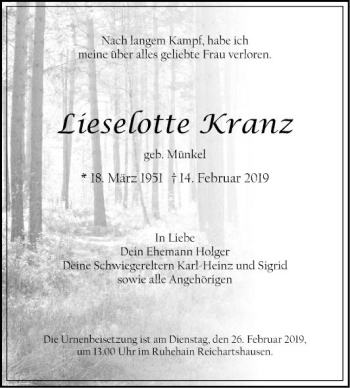 Traueranzeige von Lieselotte Kranz von Fränkische Nachrichten