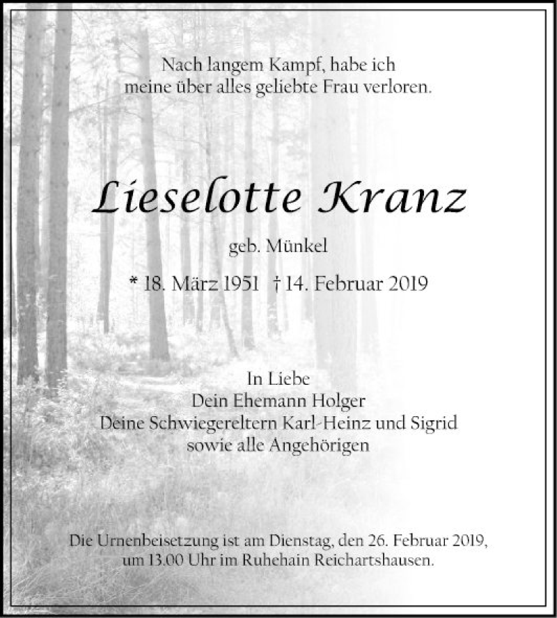  Traueranzeige für Lieselotte Kranz vom 20.02.2019 aus Fränkische Nachrichten