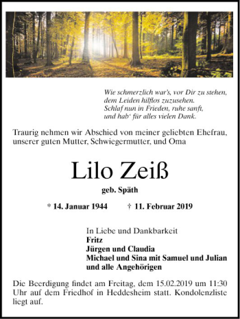 Traueranzeige von Lilo Zeiß von Mannheimer Morgen