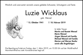 Traueranzeige von Luzie Wicklaus von Mannheimer Morgen