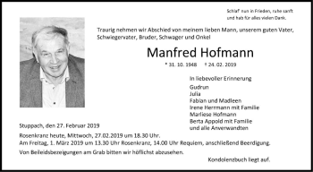 Traueranzeige von Manfred Hofmann von Fränkische Nachrichten