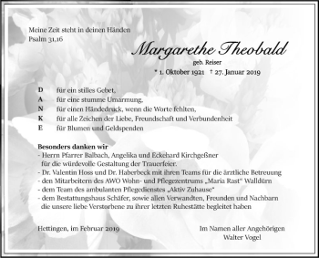 Traueranzeige von Margarethe Theobald von Fränkische Nachrichten