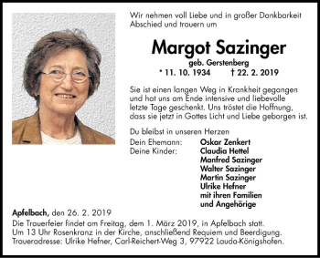 Traueranzeige von Margot Sazinger von Fränkische Nachrichten