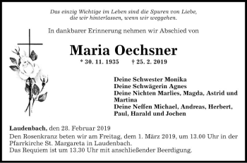 Traueranzeige von Maria Oechsner von Fränkische Nachrichten